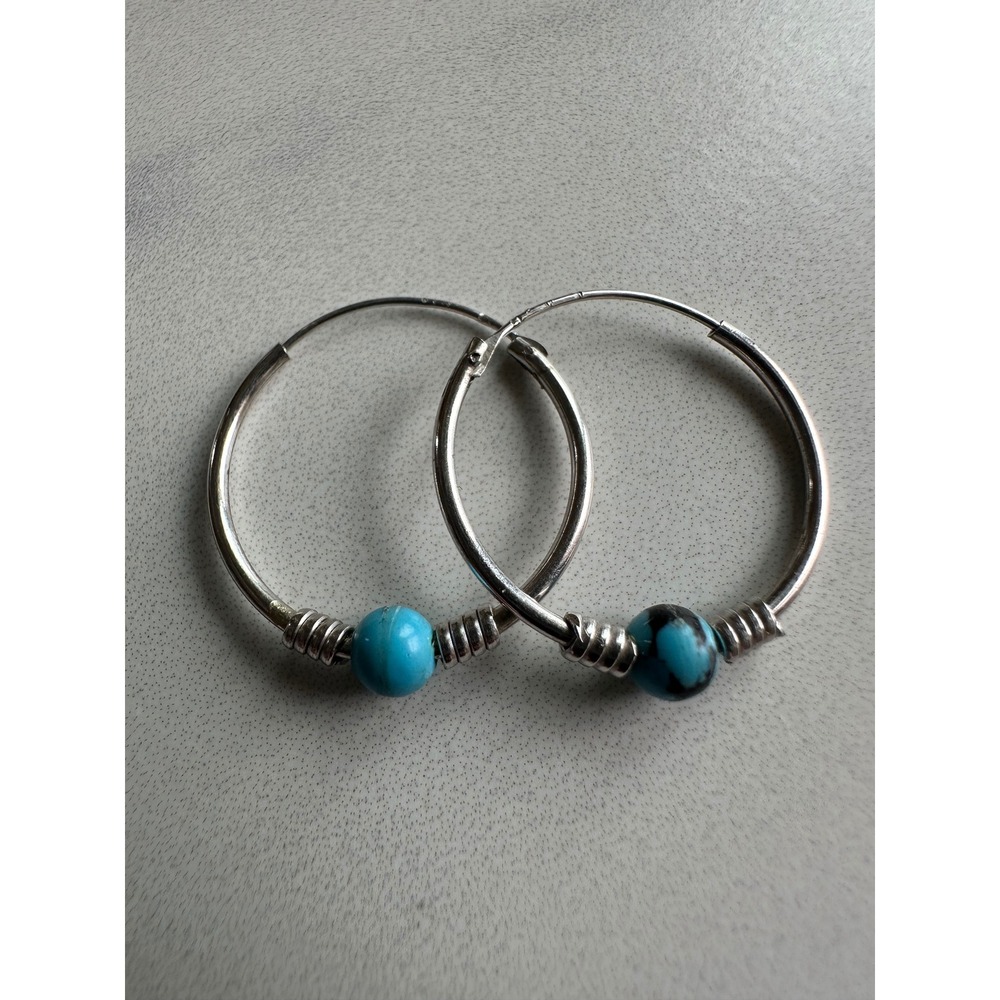 Sterling Silver Turquoise Bead Wire Wrapped Endless Hoop Earrings 24mm 925